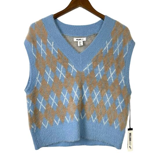 William Rast | NWT Blue & Tan Argyle Soft Fuzzy Layering Sweater Vest - Picture 1 of 9
